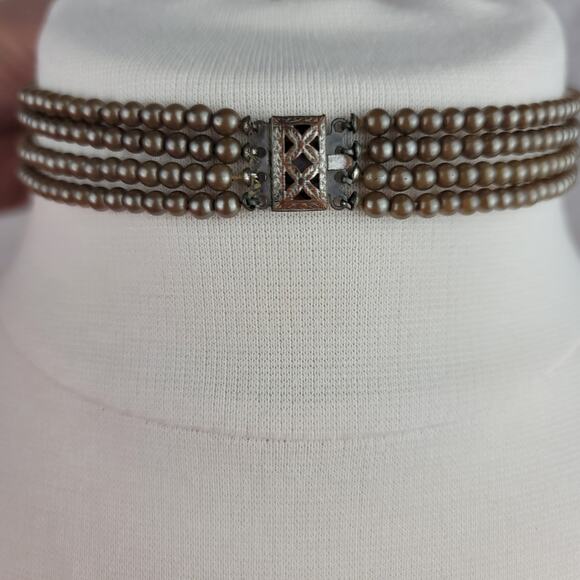 Vintage Faux Pearl Necklace Deep Bronze Choker Acrylic Layered Box Clasp - Picture 2 of 5